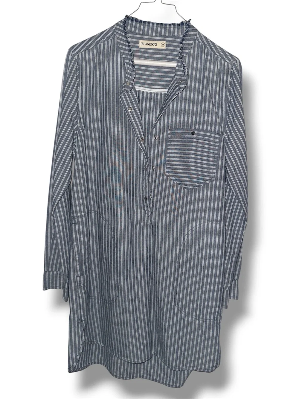 [BLANKNYC] Striped Linen Blend Tunic Dress Size M Distressed Collar Snap Front - Picture 8 of 12